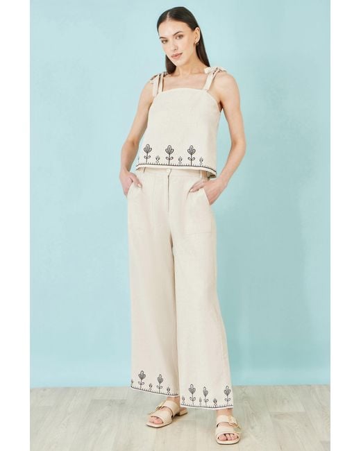 Yumi' Natural Neutrals Ivory Linen Mix Embroirdered Trousers