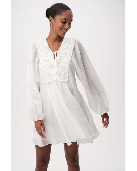 Exquise White Neutrals Chaney Long Sleeve Linen Mini Dress
