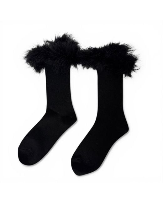HIGH HEEL JUNGLE by KATHRYN EISMAN Black Frou-Frou Faux Fur Trim Combed Cotton Socks