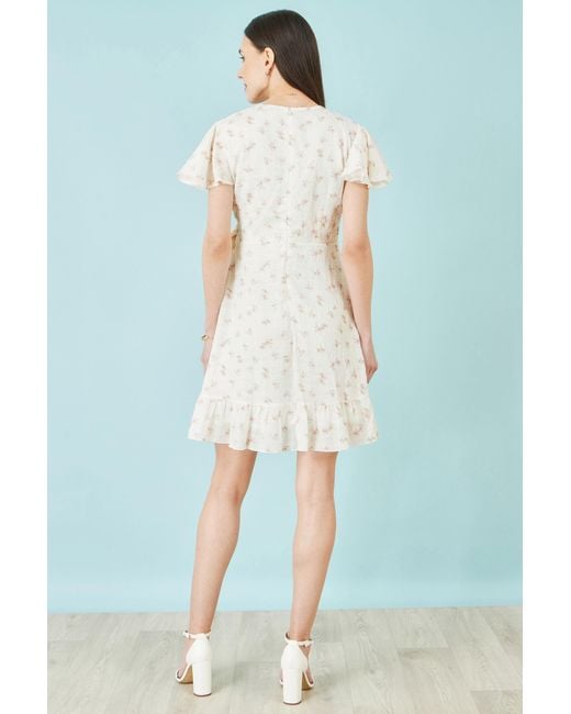 Yumi' Natural Rose Print Wrap Over Frill Dress