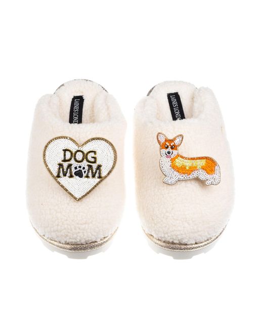 Laines London Metallic Neutrals Teddy Closed Toe Slippers With Dog Mum/Mom & Peach The Corgi Brooches