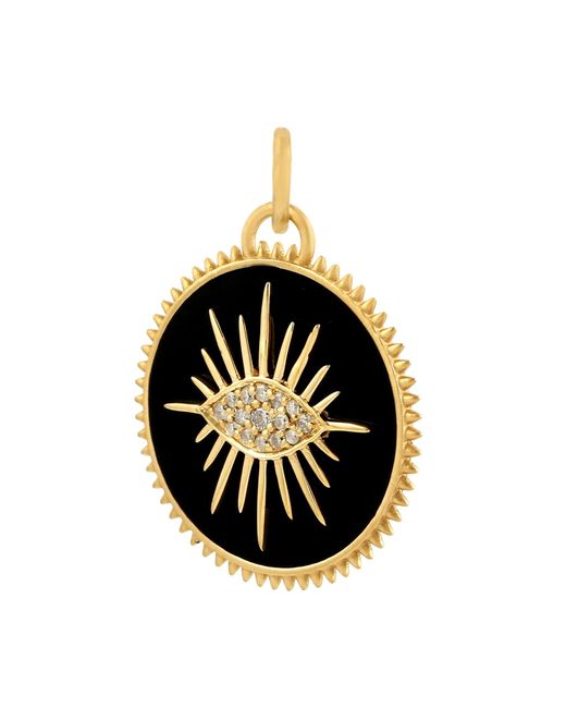 Artisan Black Natural Pave Diamond Enamel Evil Eye Charm Pendant In 14k Yellow Gold