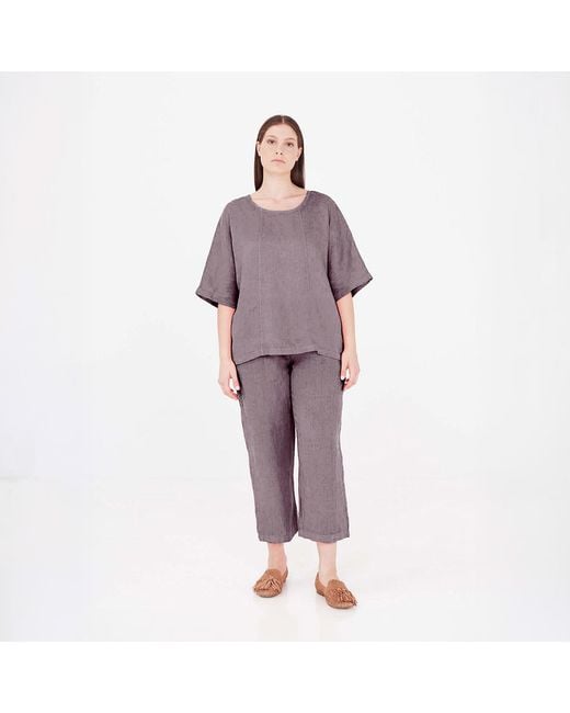 Haris Cotton Blue Linen Curve Blouse With Back Buttons
