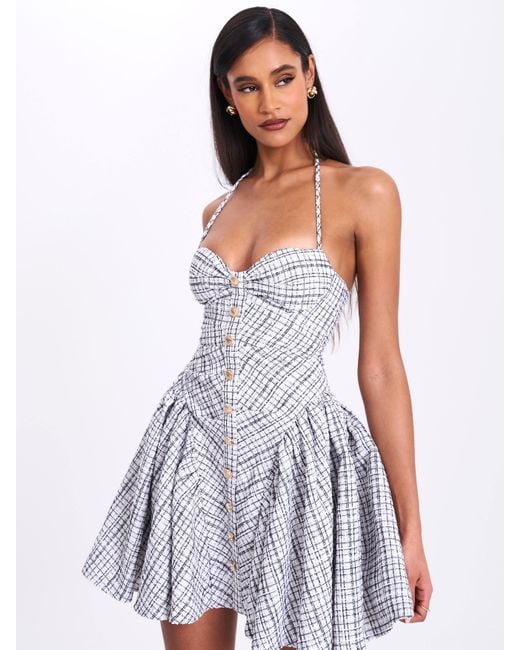 Miss Circle New York Gray Melody & Plaid Tweed Halter Drop Waist Mini Dress