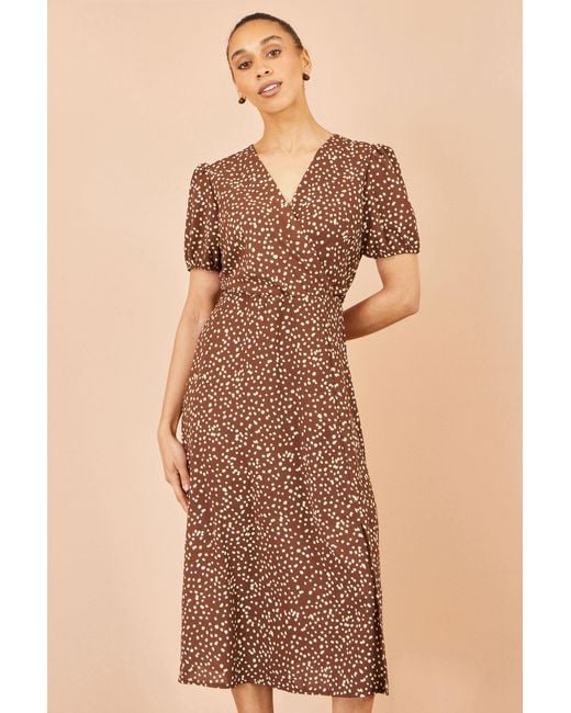 Yumi' Brown Spot Midi Dress With Split Hemline