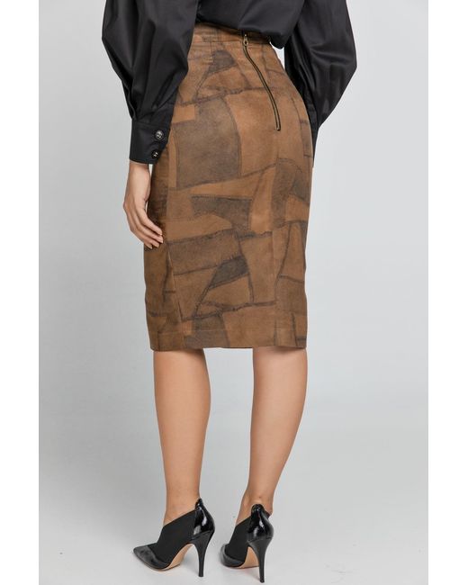 Conquista Brown Camel Patchwork Pencil Skirt