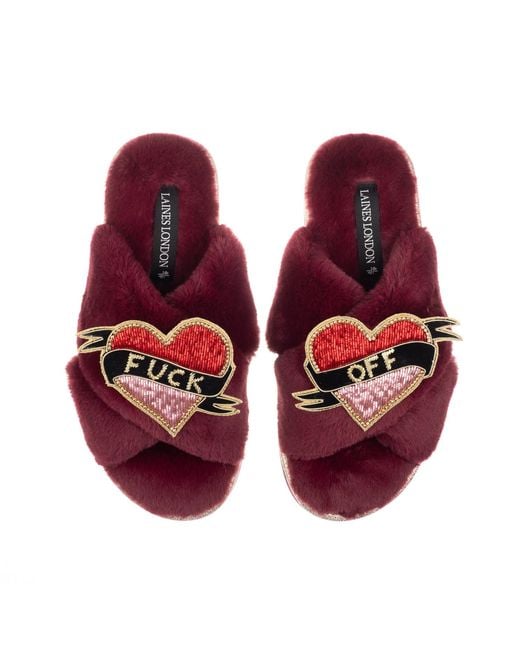 Laines London Red Classic Laines Slippers With Fuck Off Brooches