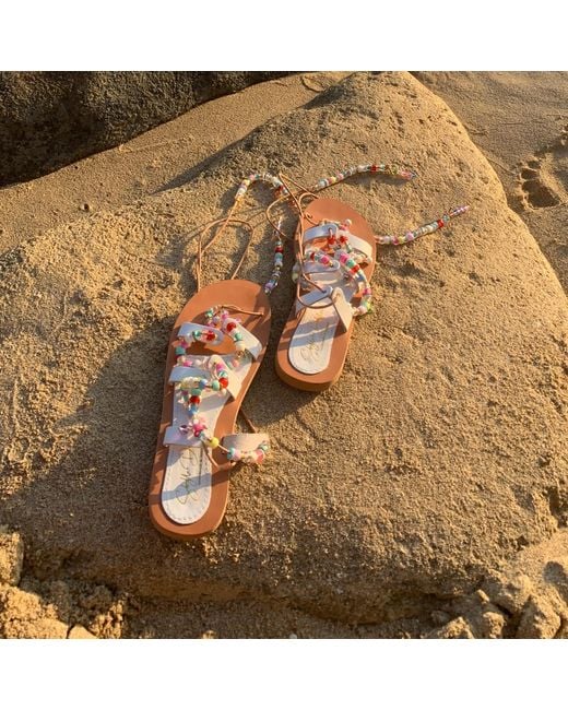 Sibylla Delphica White Neutrals Leather Sandals With Beads