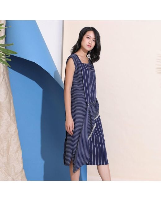 Smart and Joy Blue Asymmetric Stripe Trapeze Midi Dress