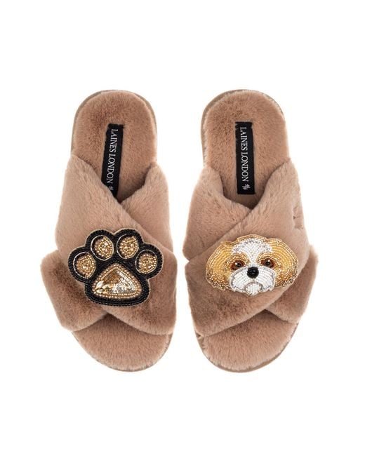 Laines London Brown Neutrals Classic Laines Slippers With Paw & & Shih Tzu Brooches