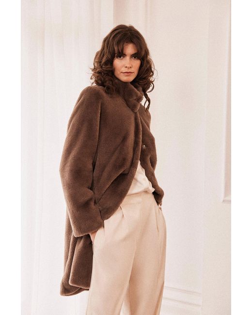 ISSY LONDON Brown Bette Coat Vegan Faux Soft Pile Fur Taupe