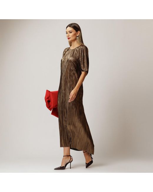 concept A trois Brown Golden Plisse Midi Dress With Closure With Staples