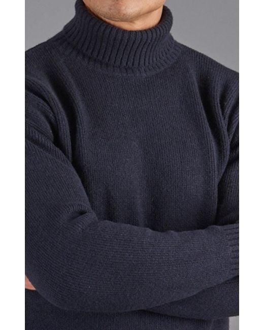Paul James Knitwear Blue Merino Alessandro Cashmere Submariner Roll Neck Jumper for men