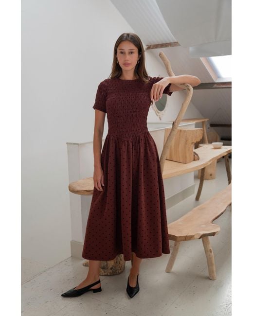 Amy Lynn Red Beatrix Smocked Plum Polka Dot Midi Dress