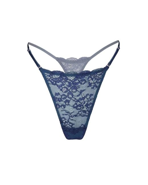 MONIQUE MORIN LINGERIE Blue Wild Lace Micro-G Thong Dark Denim