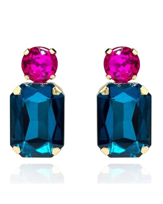 Michael Nash Jewelry Blue Adelle Peacock Crystal Ocatgon And Fuschia Round Stone Drop Earrings