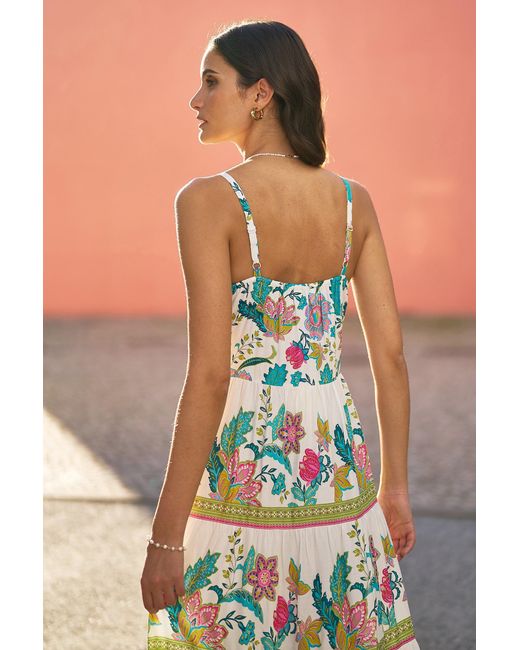 Yumi' Green Floral Block Print Tiered Maxi Sun Dress