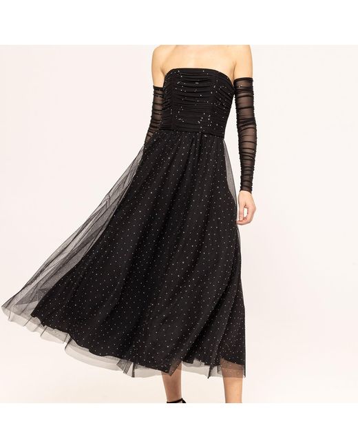 Nissa Black Rhinestone-Embellished Tulle Midi Dress