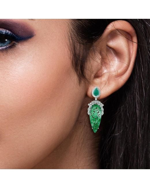 Artisan Green 18k White Gold Carving Jade Emerald Sapphire Diamond Earrings