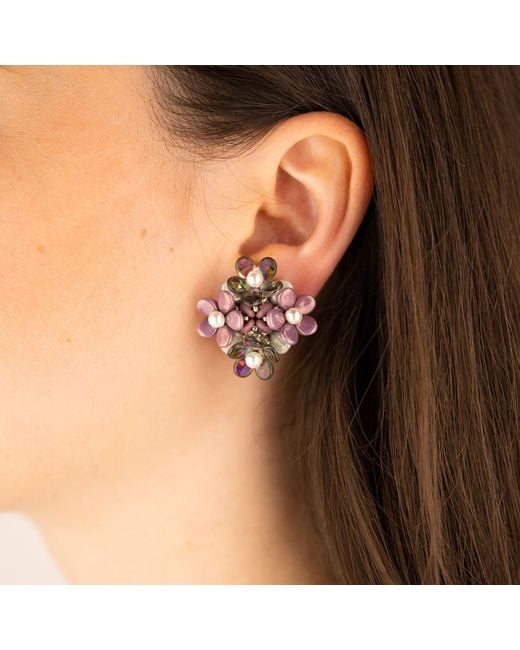 Oana Savu Red Glass Beads Sterling Studs Flowers Earrings
