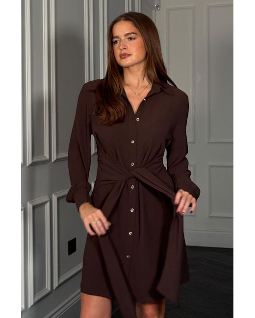 Girl In Mind Brown Mira Tie Mini Shirt Dress
