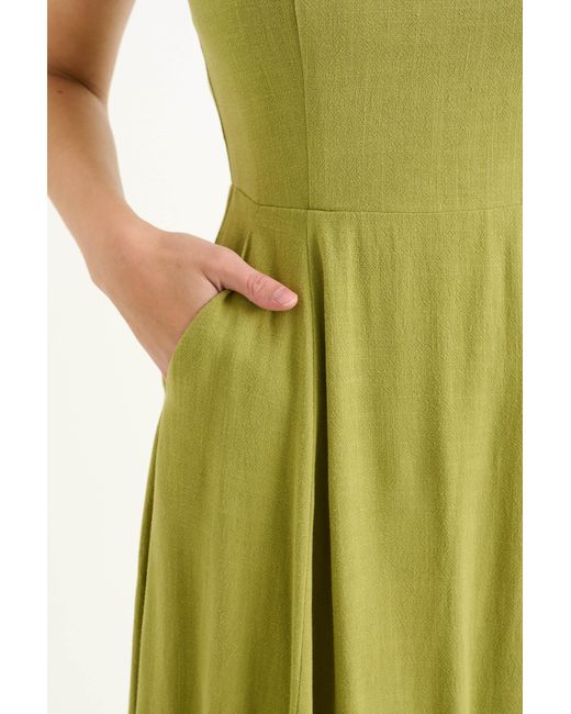 Louche Green Baya Linen Mix Square Neck Midi Dress