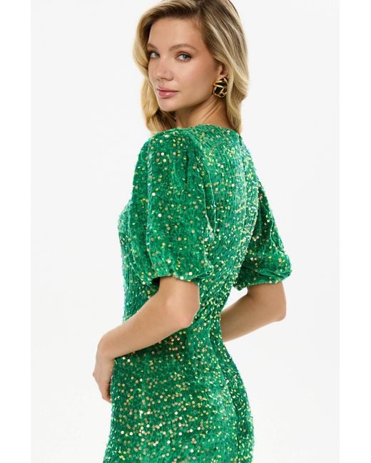 POST MERIDIEM Green Sequin Decorated Velvet Puff Sleeve Midi Dress