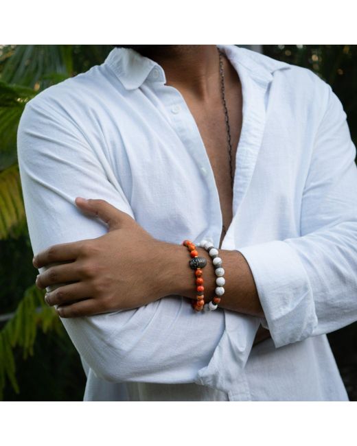 Ebru Jewelry Red Warrior Soul Bronze Indian Chief & Jasper Beaded Bracelet Set for men