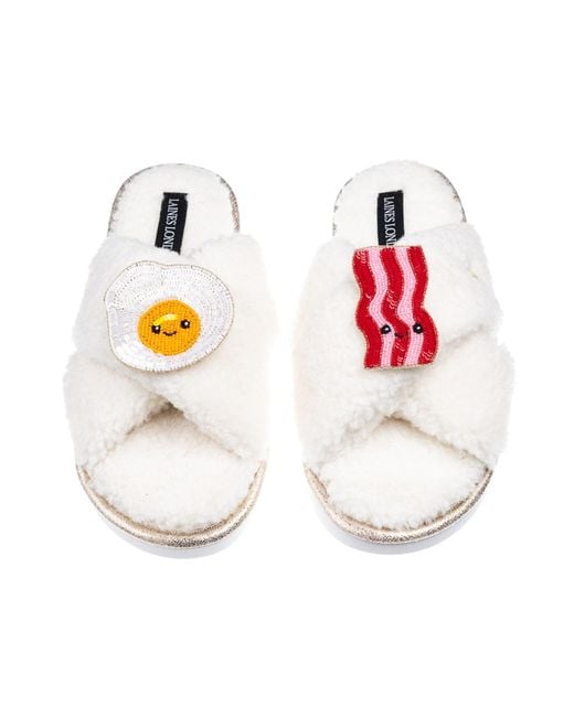 Laines London White Neutrals Laines Boucle Slippers With Laines Lovables Egg & Bacon Brooches