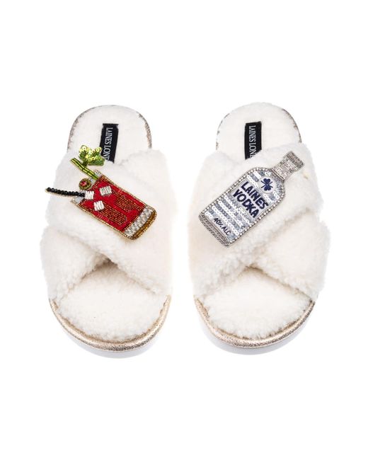 Laines London White Neutrals Laines Neutral Boucle Slippers With Bloody Mary Brooches