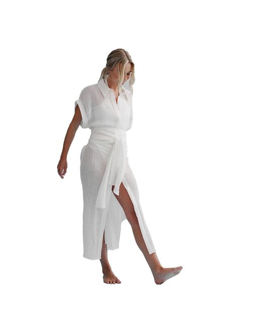 The Summer Edit White Tori Crinkle Linen Shirt Dress