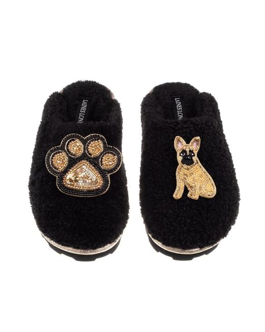 Laines London Black Teddy Closed Toe Slippers With Paw & Fawn Sitting French Bulldog Brooches