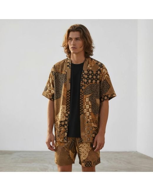ORIGIN OF HEARTS Brown Neutrals Aumi & Summer Satin Kimono Co-Ord for men