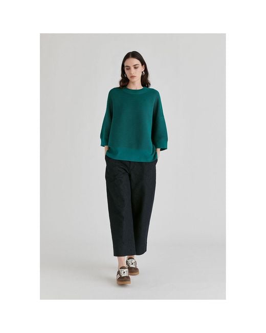 Paisie Green Mock Neck Cropped Sleeve Ribbed Jumper