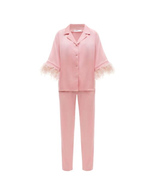 KÂfemme Pink Satin Feather Shirt And Pant Pajama Set