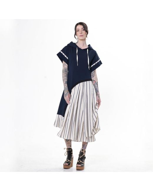 Metamorph Blue Hooded Asymmetric Dress With Striped Skirt