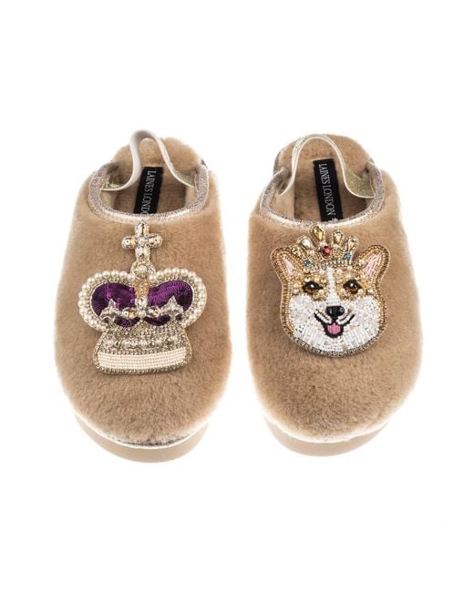 Laines London Brown Neutrals Flatform Cloud Closed Toe Slippers With Corgi & Crown Brooches