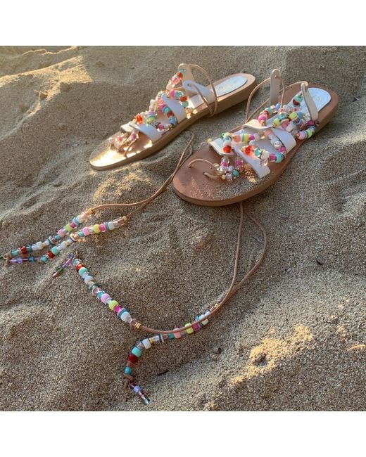 Sibylla Delphica White Neutrals Leather Sandals With Beads