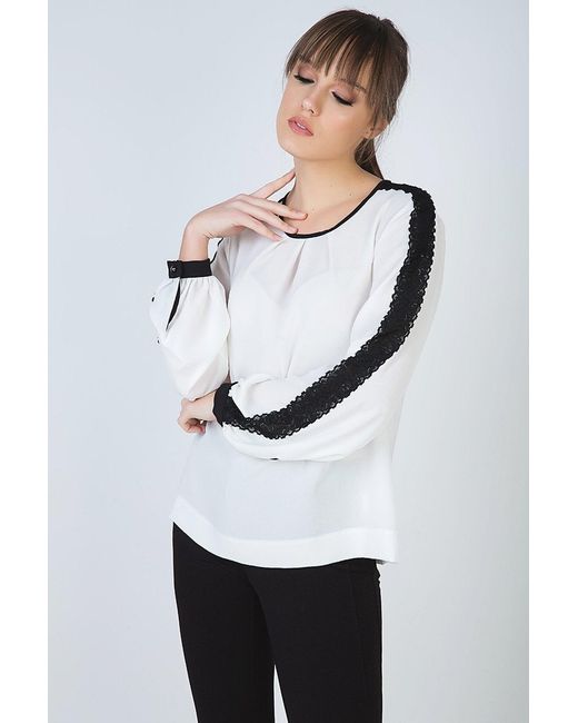 Conquista Natural Neutrals Contrast Ecru Top With Long Sleeves With Lace Detail & Button Fastening