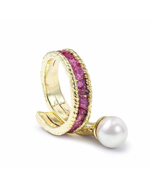 German Kabirski Multicolor Rhea Handmade Ring With Raw Rubies & Cultured Pearl