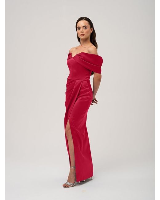 Tia Dorraine Red Heavenly Kissed Draped Satin Maxi Dress