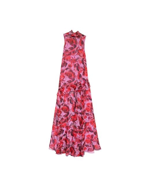 Niza Pink Long Printed Dress With Ruffles And A Tie Neckline