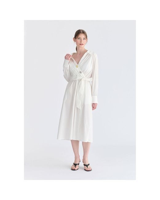 Paisie White Wrap Midi Shirt Dress With Metallic Button Details