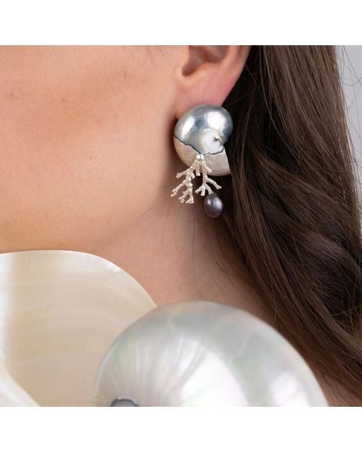 Oana Savu Metallic Nautilus Shell Sterling Coral Branch Ear Studs Earrings