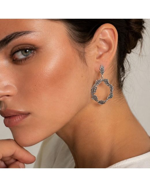 Unaloe Metallic Sterling Leaf Hoop Earrings – Botanical Drop Hoops – Handmade Italian Statement Jewelry For