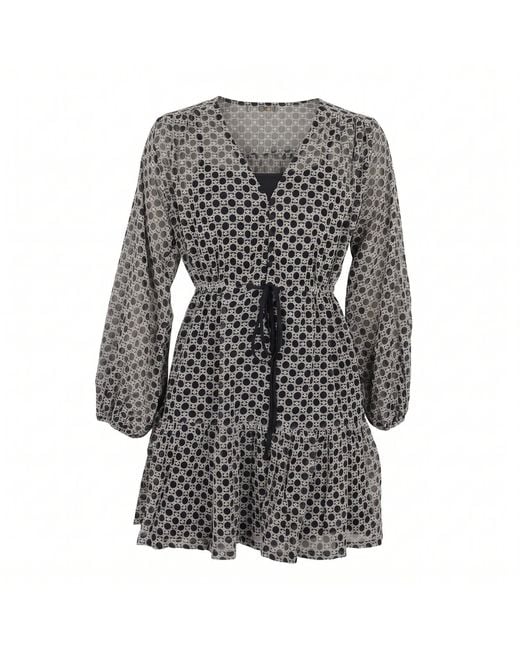 Modenaire Gray Polka Dot Embroidered Lace Dress With V-Neck & Tie Waist