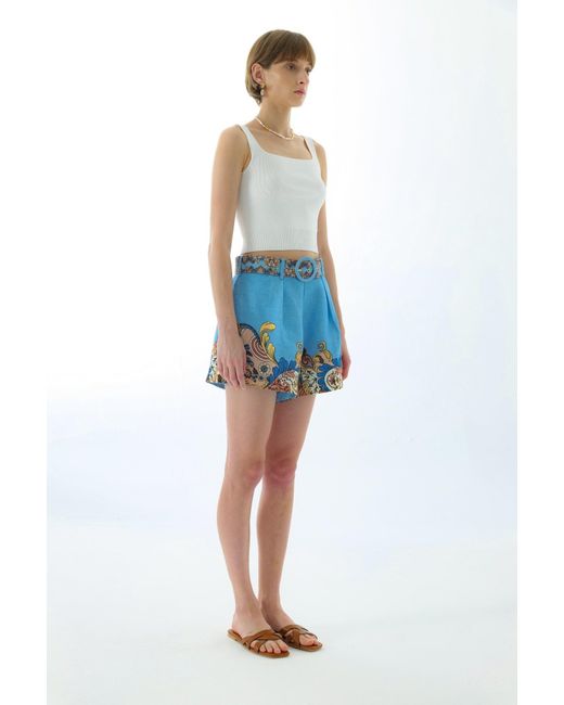 We Are Kindred Blue Evelyn Linen Belt Shorts-Aquamarine Floral