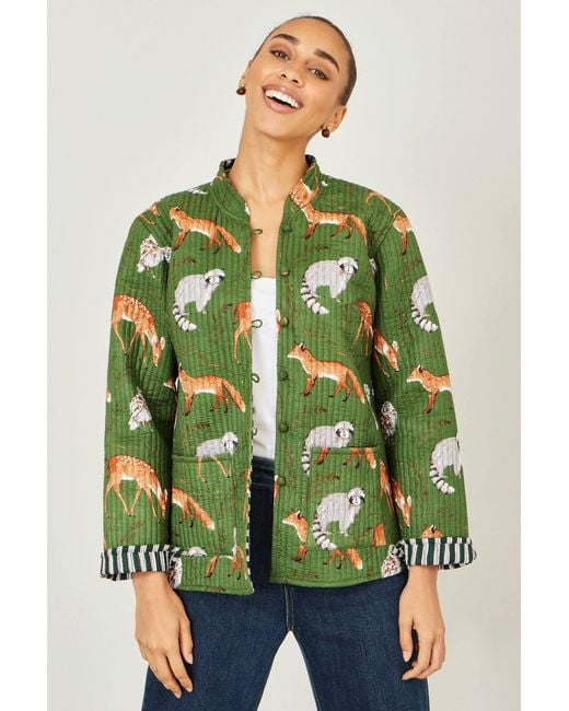 Yumi' Green Fox Print Reversible Cotton Quilted Jacket