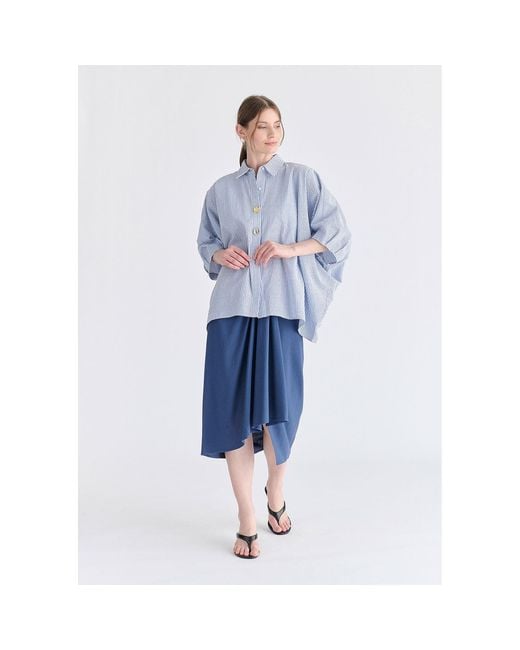 Paisie Blue Metallic Button Details Oversized Blouse