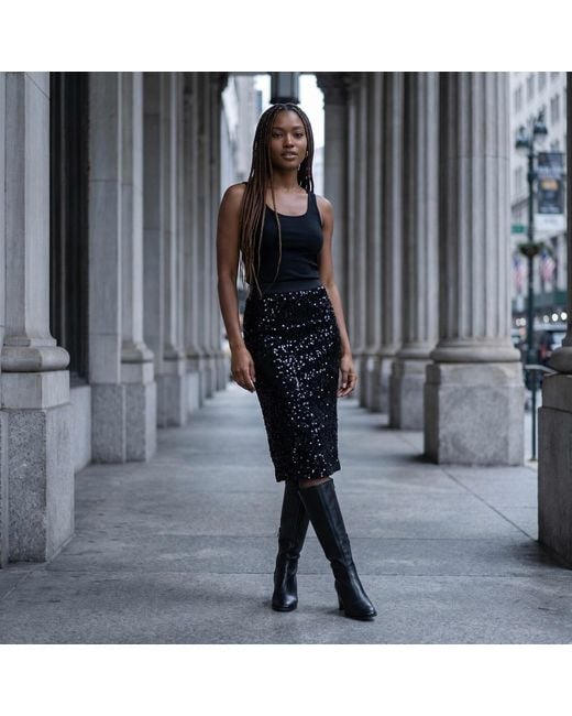 Modenaire Black Sequin Midi Skirt With High Waist And Slim Pencil Silhouette